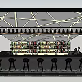Modern Bar Interior With Geometric Structure Ceiling Wine Racks And Stools