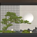 Tranquil Indoor Landscape With Bonsai Tree White Grid Wall Round Decor And Spherical Lights