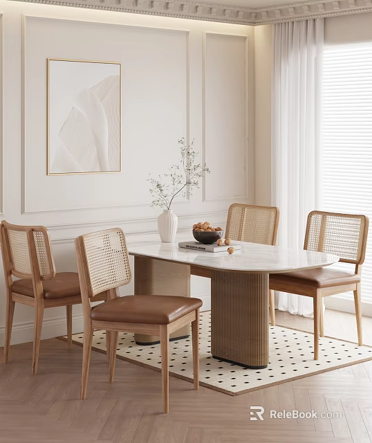 Modern Minimalist Dining Table Set With Rattan Back Chairs And Marble Top 3d model