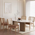 Modern Minimalist Dining Table Set With Rattan Back Chairs And Marble Top 3d model