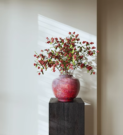 Red Textured Vase With Red Berries And Green Leaves On Dark Wooden Stand 3d model