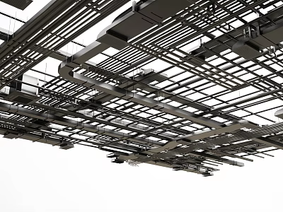 Complex Interconnected Metal Pipe Network Structure in Industrial Building Ceiling 3d model