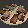 Various Colorful Building Models on Circular Platform with Textured Roofs and Walls