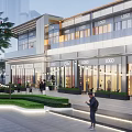 Modern Commercial Street With Glass Storefronts Pedestrians Round Landscape Lights And Lush Greenery