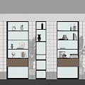 Modern Interior Glass Partition Shelving Unit with Decorative Figurines Books and Potted Plant