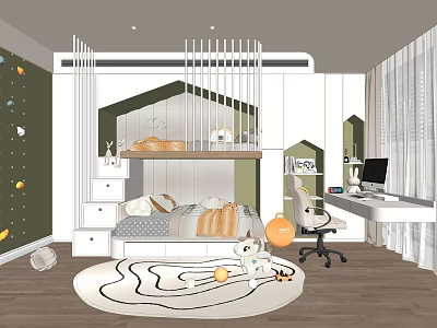 Kids Room Interior With Starry Wall White Green Bunk Bed Desk Chair And Toy Rug 3d model