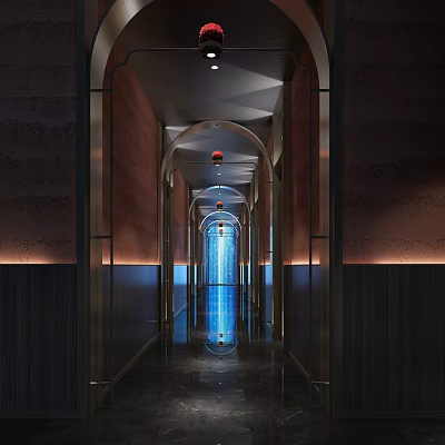Luxury Clubhouse Arched Corridor With Sophisticated Lighting Reflective Floor Dark Walls And Metal Frames 3d model