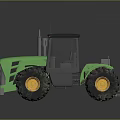 Green Agricultural Tractor With Large Tires Yellow Rims And Black Cabin Reflectors