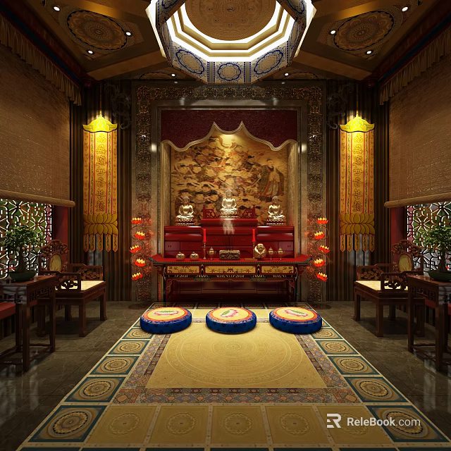 Traditional Buddhist Worship Hall Interior With Ornate Carvings Buddha Statue And Red Lanterns 3d model 