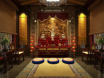 Traditional Buddhist Worship Hall Interior With Ornate Carvings Buddha Statue And Red Lanterns 3d model