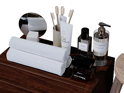 Bathroom Accessories Set With Wooden Countertop White Towels Round Mirror Toothbrushes And Toiletries 3d model