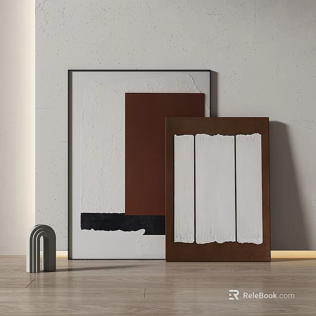 Two Abstract Paintings With Light colored Wall Background Accompanied By Gray Curved Small Ornament 3d model 