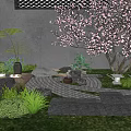 Serene Karesansui Garden with Cherry Blossom Tree Stone Pathway Wooden Fence and Tea Set