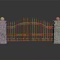 Red Iron Gate With Decorative Spikes And Stone Pillars Topped With Spheres