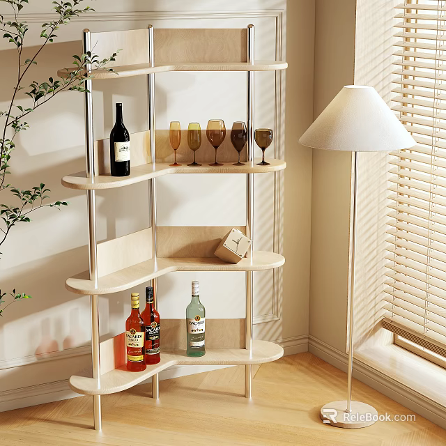 Stylish Shelving Unit with Wine Bottles Glasses Decorative Item Greenery Floor Lamp and Window Blinds 3d model 