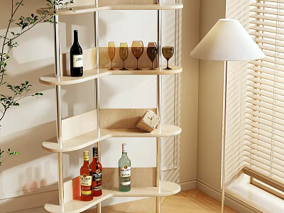 Stylish Shelving Unit with Wine Bottles Glasses Decorative Item Greenery Floor Lamp and Window Blinds 3d model