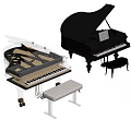 Stylish Musical Instruments Collection Featuring Transparent And Black Grand Pianos With Benches
