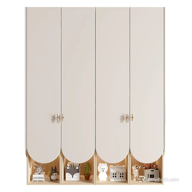 Contemporary White Wardrobe Design With Gold Handles And Bottom Open Storage 3d model