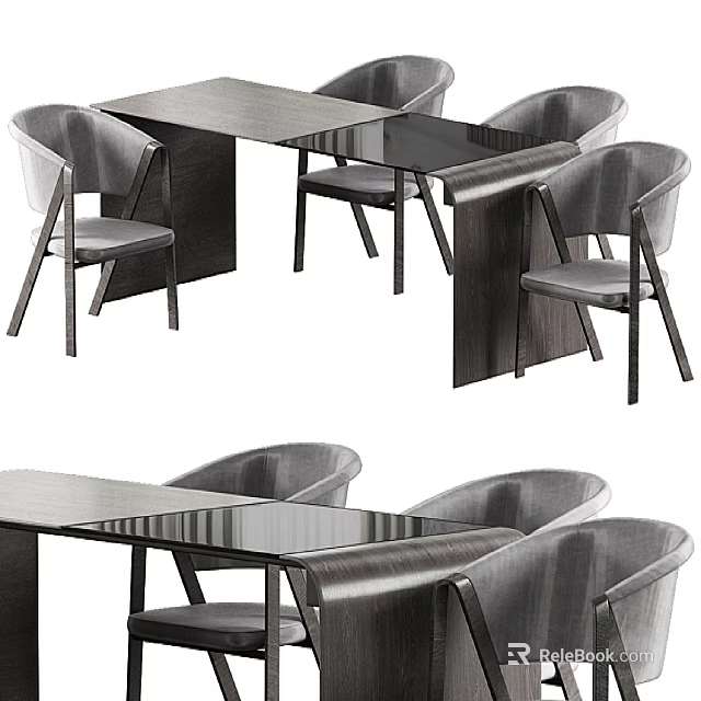 Modern Dining Table Set With Wooden Top And Upholstered Gray Chairs 3d model 