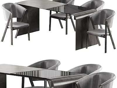 Modern Dining Table Set With Wooden Top And Upholstered Gray Chairs 3d model