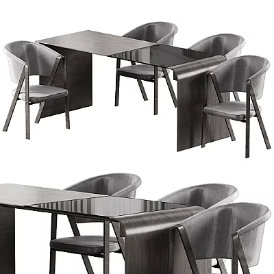 Modern Dining Table Set With Wooden Top And Upholstered Gray Chairs 3d model