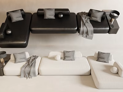 Black And White Sectional Sofa With Decorative Pillows Striped Throw Blanket And Side Table 3d model