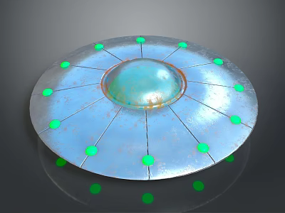Blue Circular Flying Saucer With Green Dome And Surrounding Green Dots 3d model