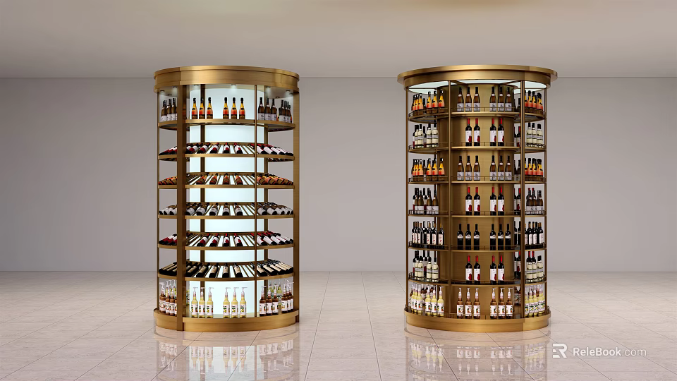 Modern Golden Circular Display Shelves With Multi Tiered Racks For Wine Bottles 3d model 