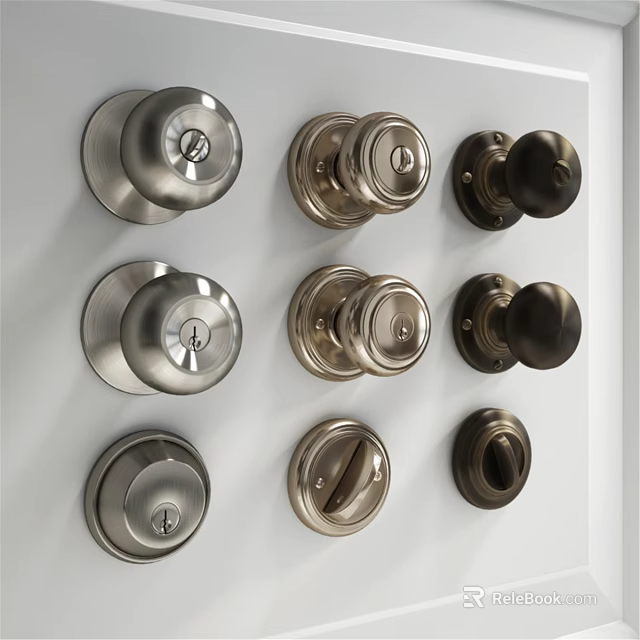 Hinged Door Hardware Display With Various Metal Door Knobs And Lock Sets 3d model 
