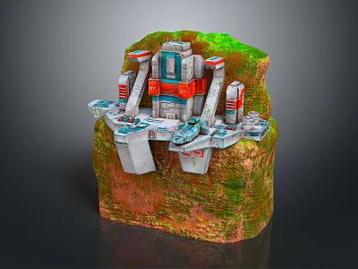 3D Model Of Rock Structure With Green Mossy Surface Red Blue White Building And Platforms 3d model