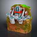 3D Model Of Rock Structure With Green Mossy Surface Red Blue White Building And Platforms