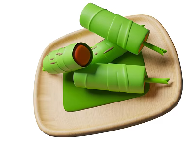 Delicious Green Rolled Snacks With Filling Served On Wooden Plate 3d model