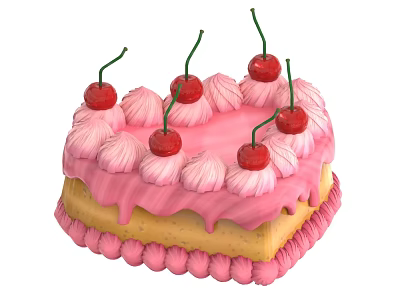 Delicious Pink Cake With Creamy Frosting Fresh Cherries And Decorative Piping 3d model