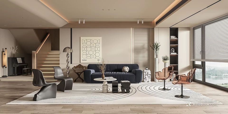 Modern Living Room Interior With Navy Sofa Coffee Table Decorative Painting And Accent Chairs 3d model 