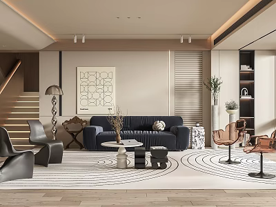 Modern Living Room Interior With Navy Sofa Coffee Table Decorative Painting And Accent Chairs 3d model