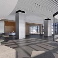 Modern Lobby Front Desk Reception With Sofas Columns Wooden Walls And Seated Person