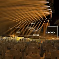Elegant Stage Setup With Golden Lighting Beams LOGO And Round Tables