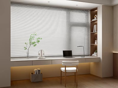 Modern Desk With Window Blinds Laptop Chair Bookshelf And Green Plant 3d model