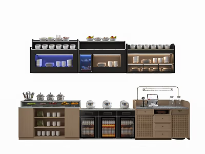 Modern Sideboard With Display Shelves Cups Bowls Fruits Storage Cabinets And Rattan Drawers 3d model