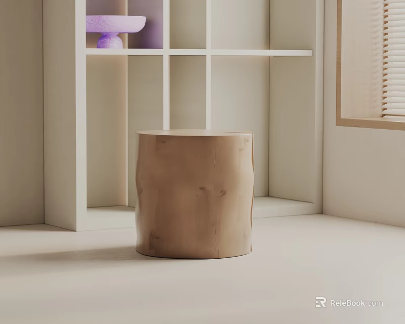 Minimalist Wooden Side Table in Bright Interior with White Shelves and Purple Decor Items 3d model 