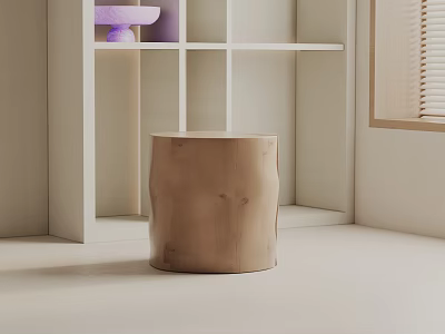 Minimalist Wooden Side Table in Bright Interior with White Shelves and Purple Decor Items 3d model