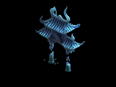 Chinese Traditional Blue Pavilion With Curved Eaves And Hanging Lanterns 3d model