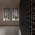 Black Grid Like Partition In Indoor Space With Gray Walls Light Colored Floor And Plant