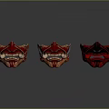 Three Red Traditional Demon Masks with Fierce Expressions and Decorative Patterns Representing Mythical Creature Roles