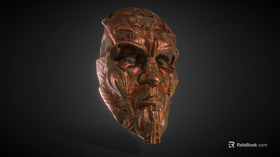 Copper Colored Intricate Carved Mask With Detailed Facial Features And Textured Surface 3d model 
