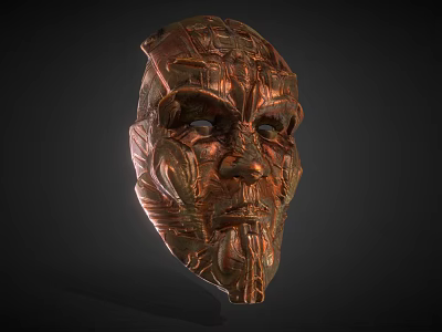 Copper Colored Intricate Carved Mask With Detailed Facial Features And Textured Surface 3d model