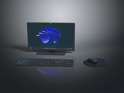 Modern Desktop Computer Setup with Monitor Keyboard Mouse and Screen Displaying Abstract Blue Design 3d model
