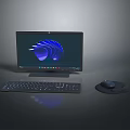 Modern Desktop Computer Setup with Monitor Keyboard Mouse and Screen Displaying Abstract Blue Design