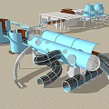 Modern Industrial Structure Design With Blue Pipes Slides And Conveyor System 3d model