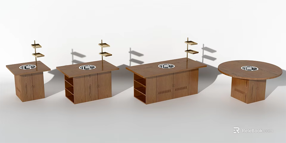 Wooden Dining Table With Rectangular Round Shapes Shelf And Cabinet Design Structure 3d model